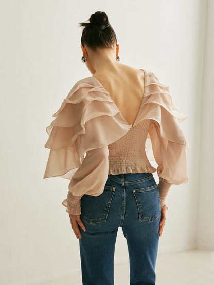 Sheer Chiffon Ruffle Backless Top Ophelia Mesh Floral Dress