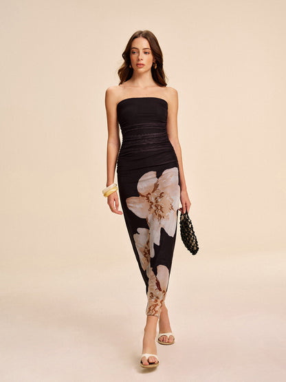 Sheer Strapless Ruched Floral Mesh Dress Ophelia Mesh Floral Dress