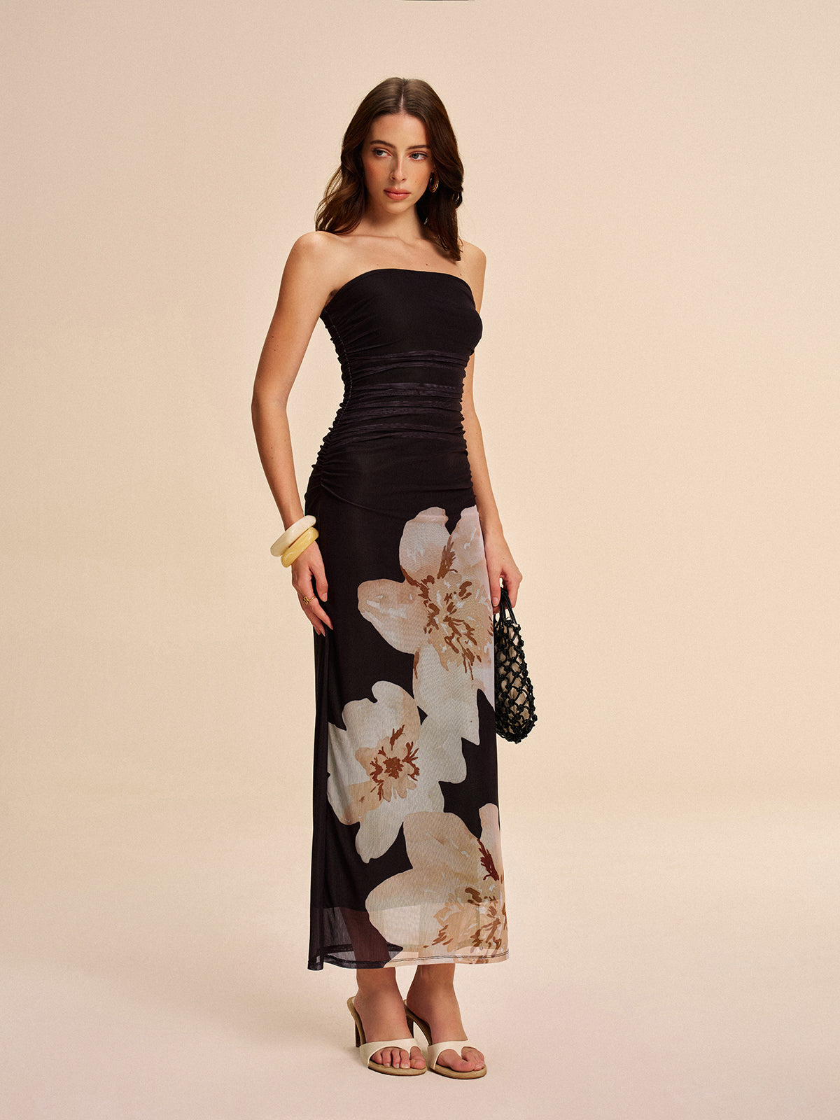 Sheer Strapless Ruched Floral Mesh Dress Ophelia Mesh Floral Dress