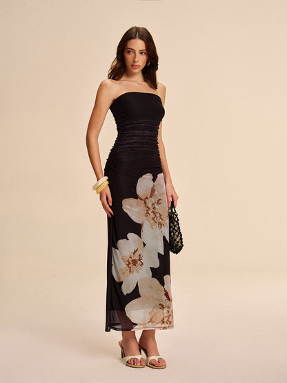 Sheer Strapless Ruched Floral Mesh Dress Ophelia Mesh Floral Dress