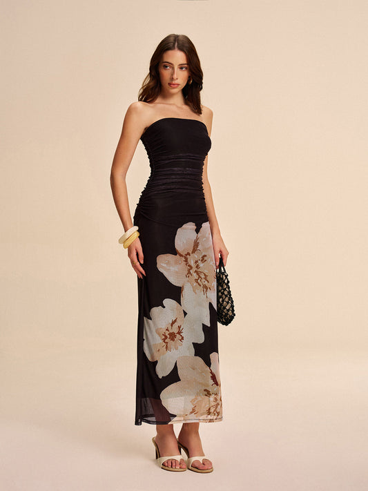 Sheer Strapless Ruched Floral Mesh Dress Ophelia Mesh Floral Dress