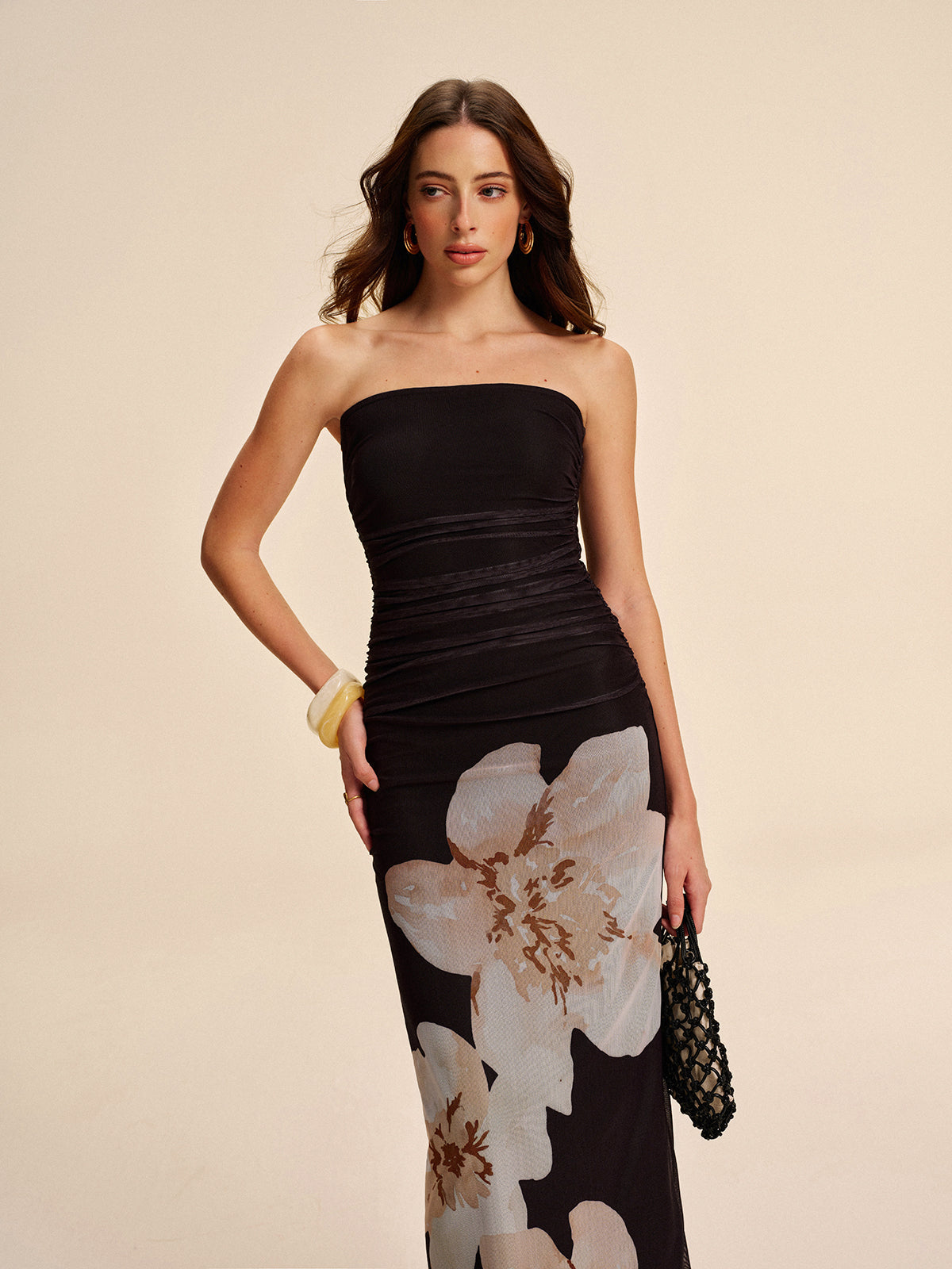 Sheer Strapless Ruched Floral Mesh Dress Ophelia Mesh Floral Dress