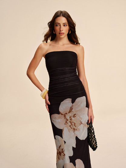 Sheer Strapless Ruched Floral Mesh Dress Ophelia Mesh Floral Dress