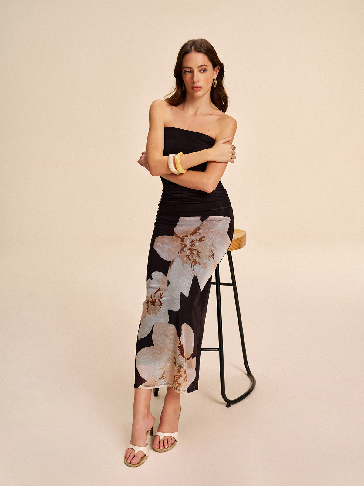 Sheer Strapless Ruched Floral Mesh Dress Ophelia Mesh Floral Dress