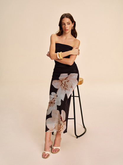 Sheer Strapless Ruched Floral Mesh Dress Ophelia Mesh Floral Dress