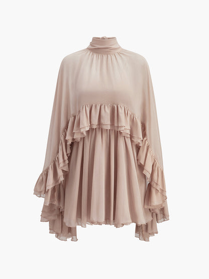 Sheer Chiffon Ruffle Dress With Outer Cape Ophelia Mesh Floral Dress