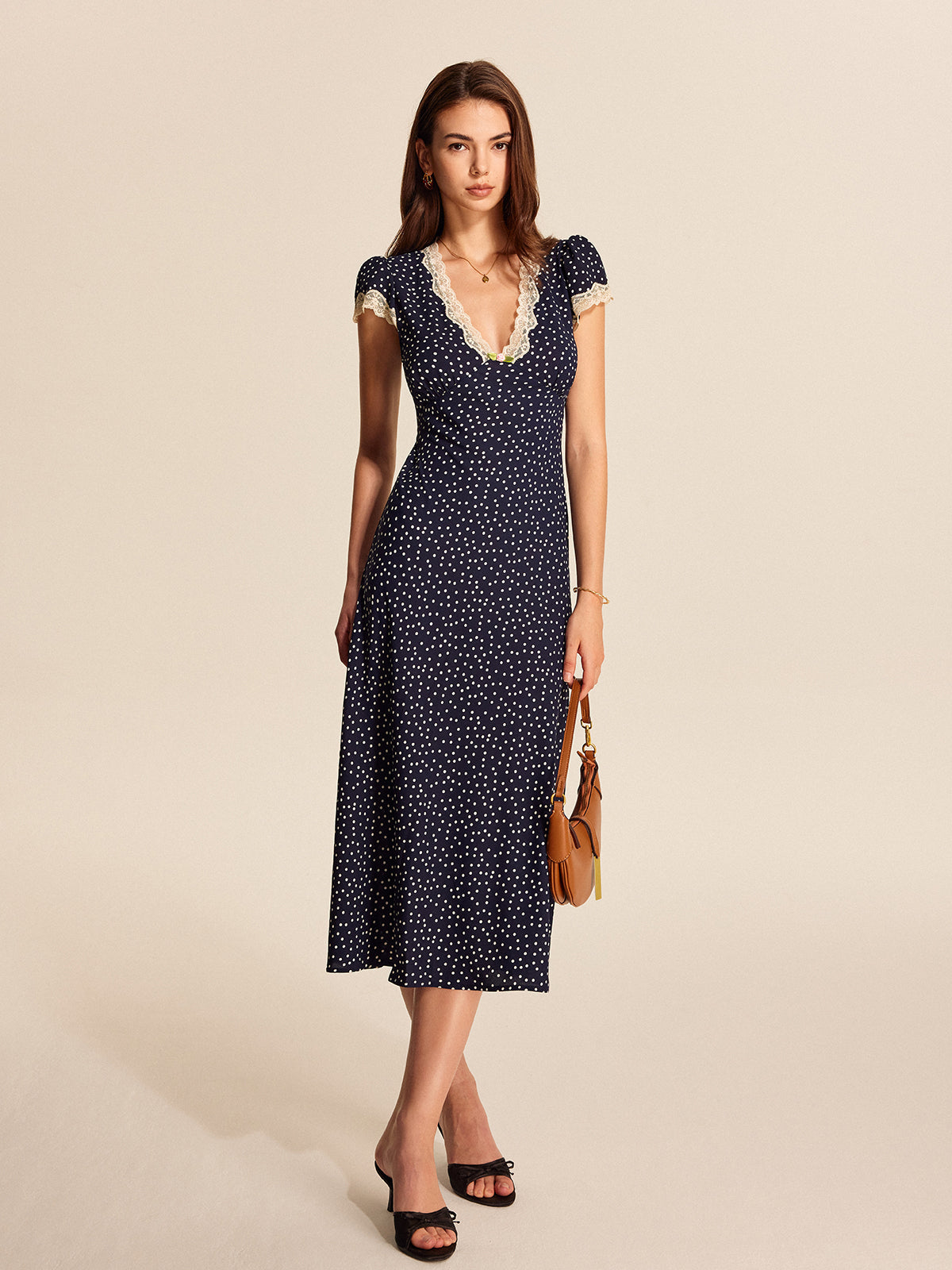 Trim Dress Polka Dot Lace-Trim Dress