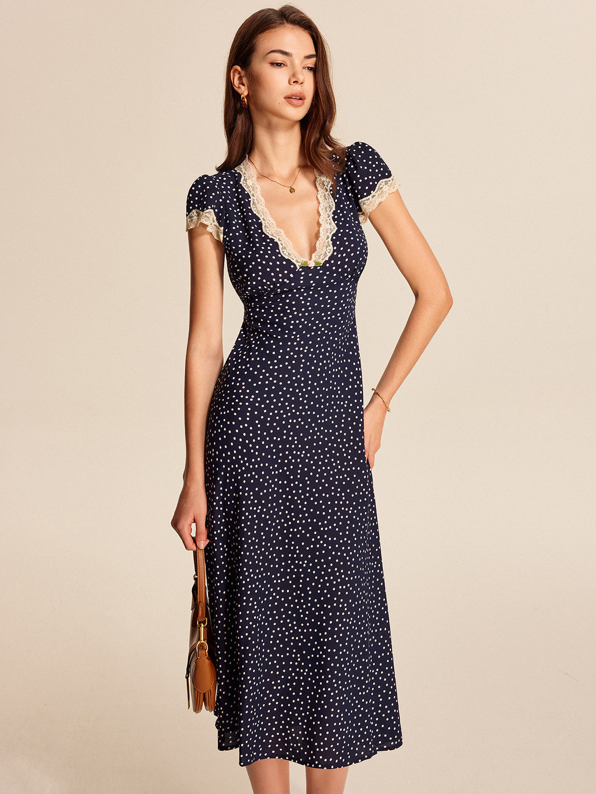 Trim Dress Polka Dot Lace-Trim Dress