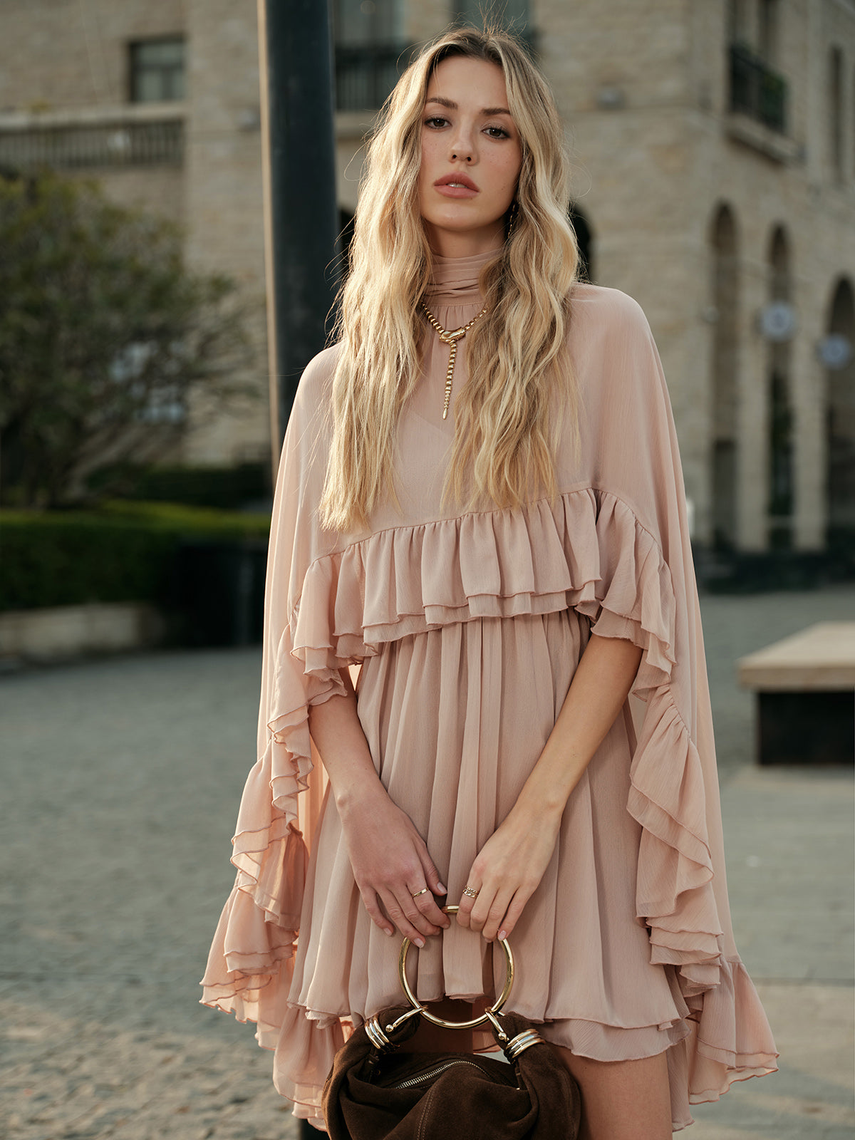 Sheer Chiffon Ruffle Dress With Outer Cape Ophelia Mesh Floral Dress