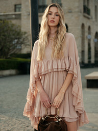 Sheer Chiffon Ruffle Dress With Outer Cape