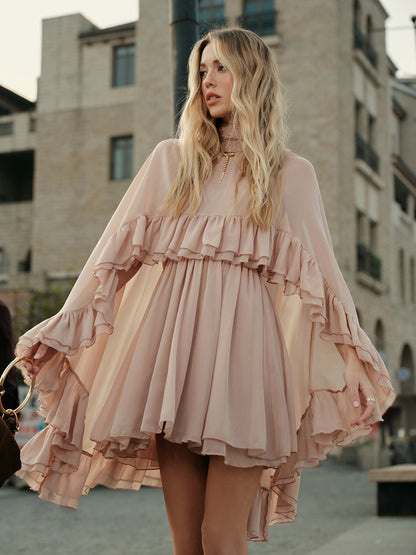 Sheer Chiffon Ruffle Dress With Outer Cape Ophelia Mesh Floral Dress