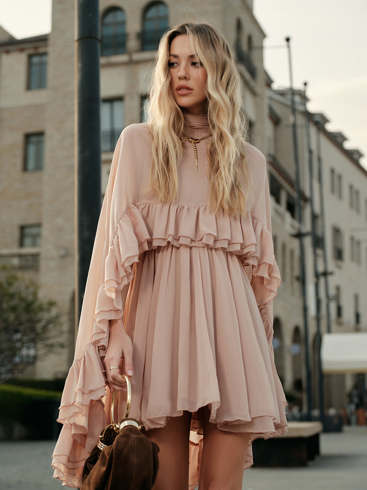 Sheer Chiffon Ruffle Dress With Outer Cape Ophelia Mesh Floral Dress