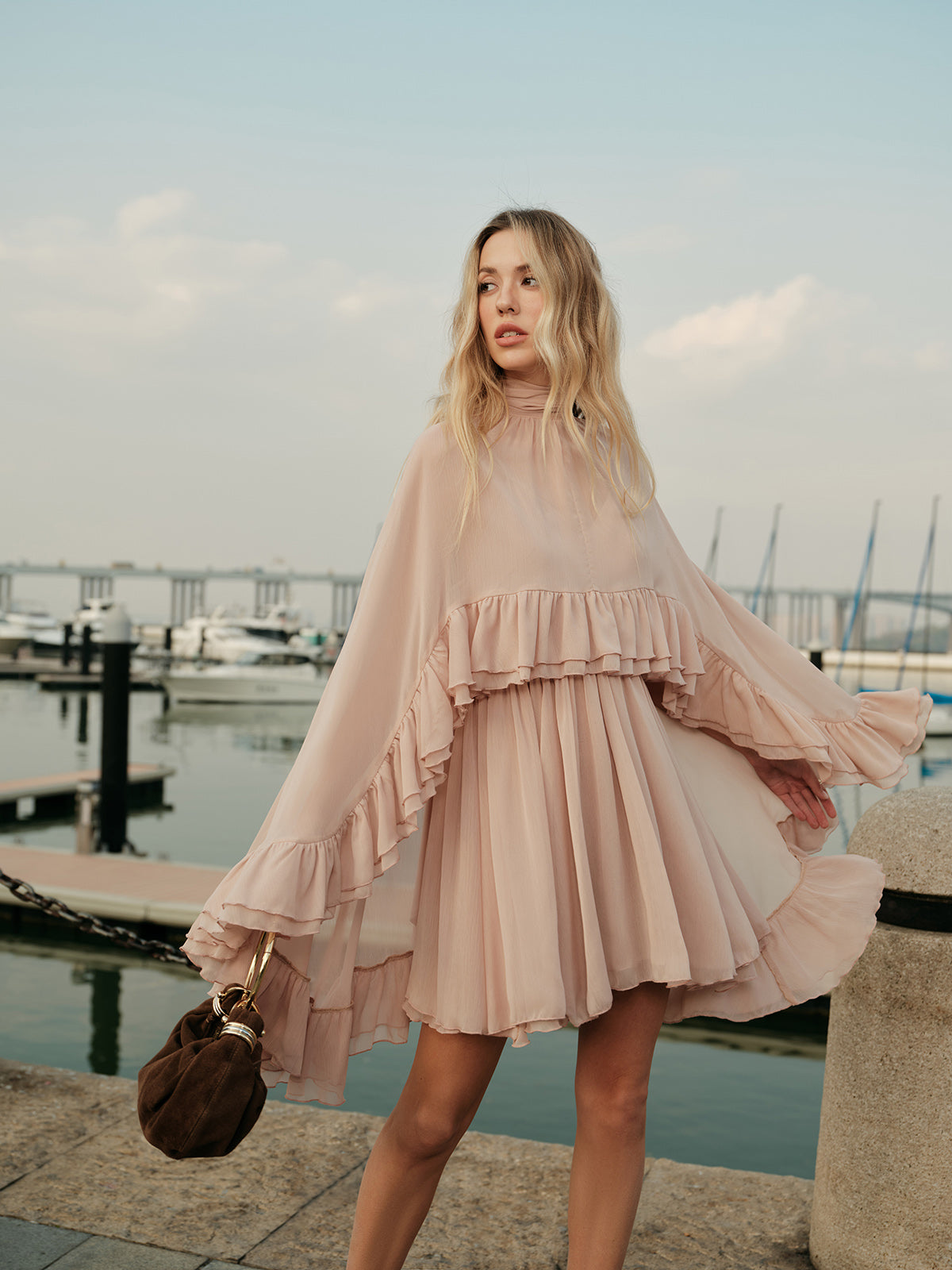 Sheer Chiffon Ruffle Dress With Outer Cape Ophelia Mesh Floral Dress