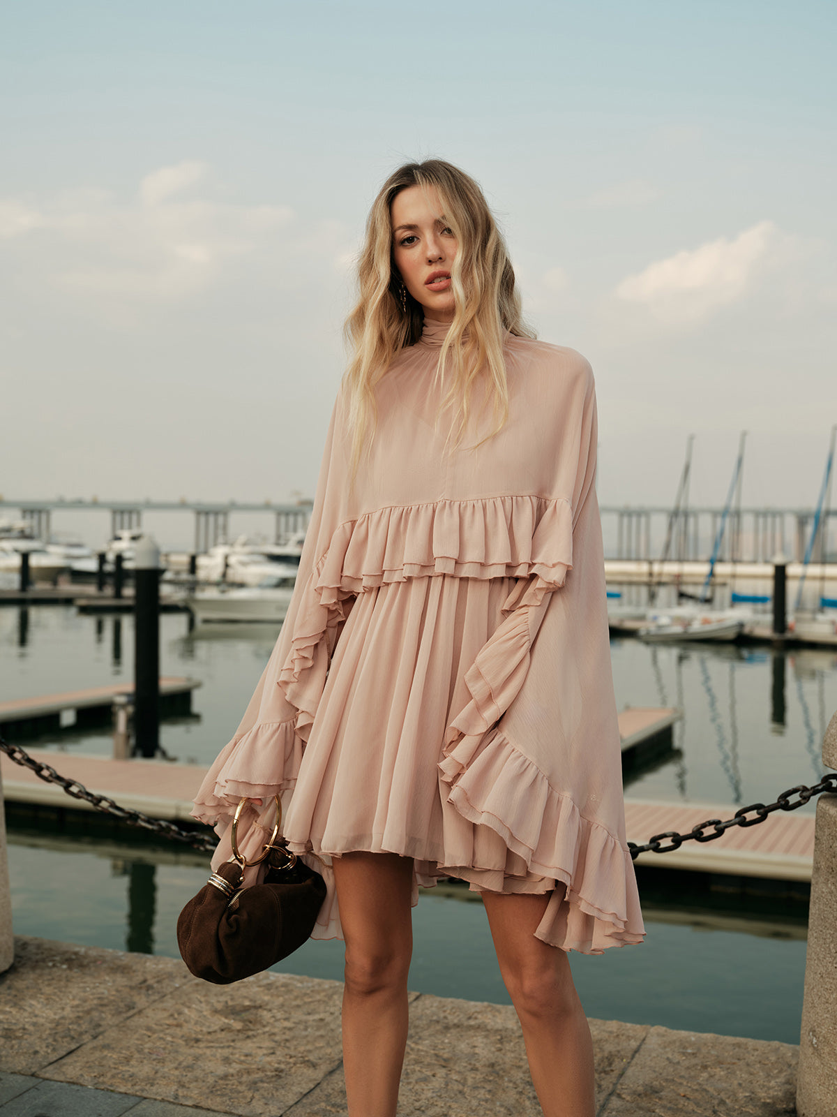 Sheer Chiffon Ruffle Dress With Outer Cape Ophelia Mesh Floral Dress