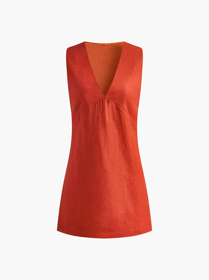 Red Margot Cotton Linen V-Neck Dress