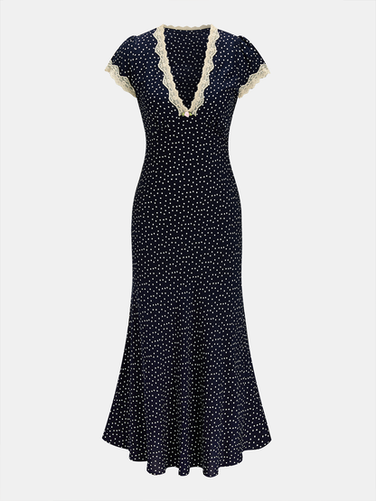 Trim Dress Polka Dot Lace-Trim Dress
