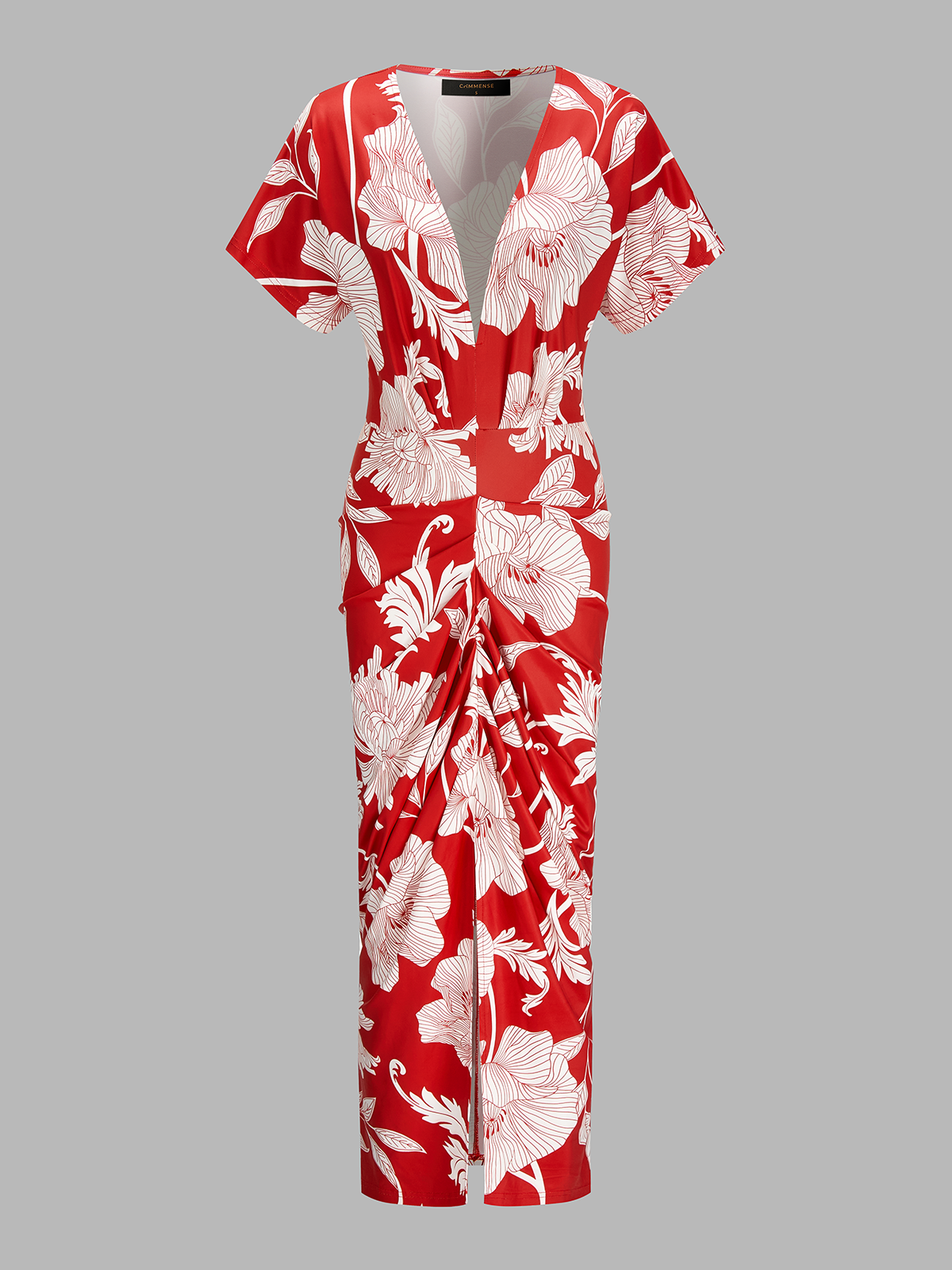 Red Vivienne Floral Ruched Midi Dress