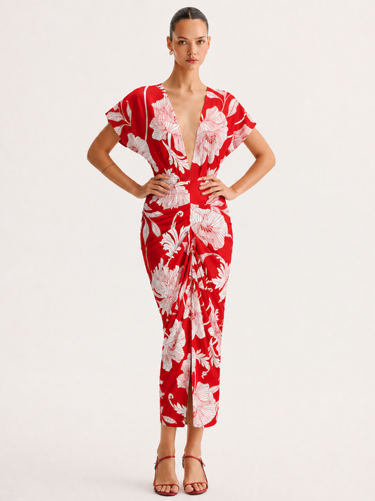 Red Vivienne Floral Ruched Midi Dress