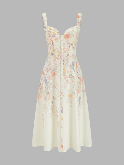 Beige Ophelia Floral Bustier Midi Dress