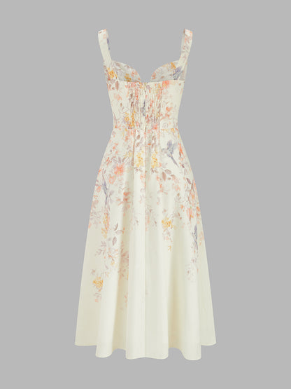 Beige Ophelia Floral Bustier Midi Dress