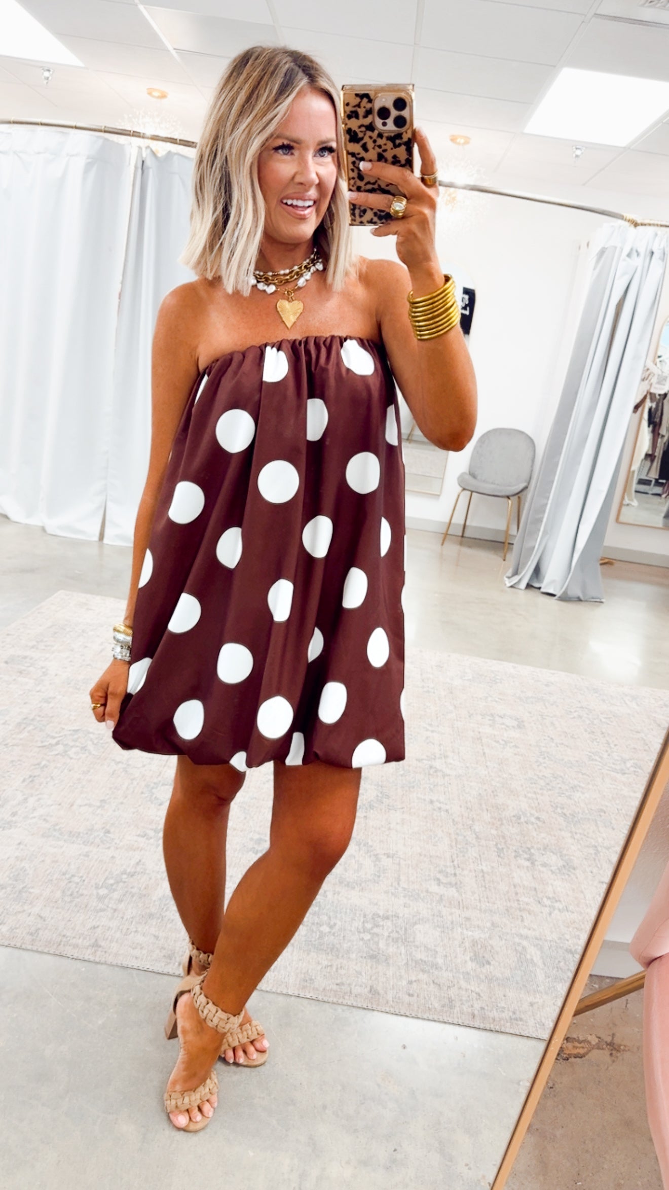 Brown/Ivory Margot Polka Dot Bubble Hem Dress