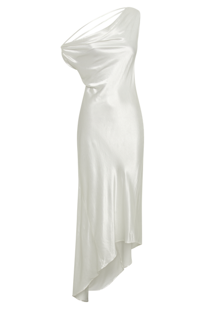 White Yvette Asymmetrical Slip Maxi Dress in Emerald