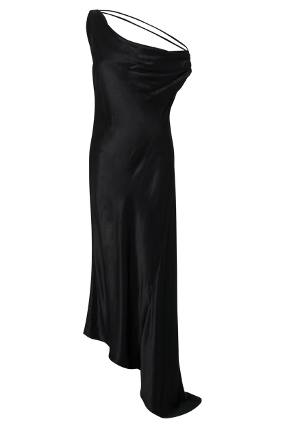 Black Yvette Asymmetrical Slip Maxi Dress in Emerald