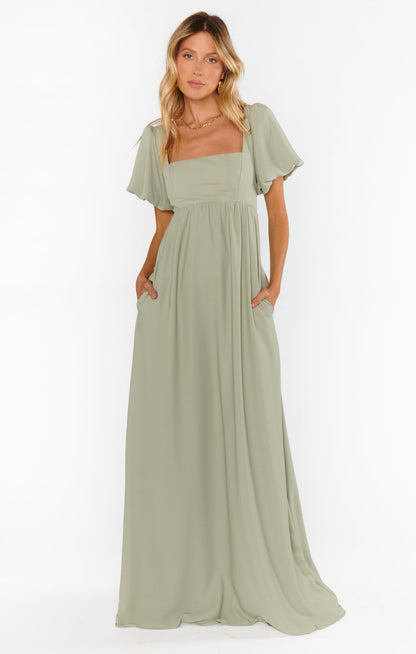 Nora Maxi Dress, in Moss Green Crisp