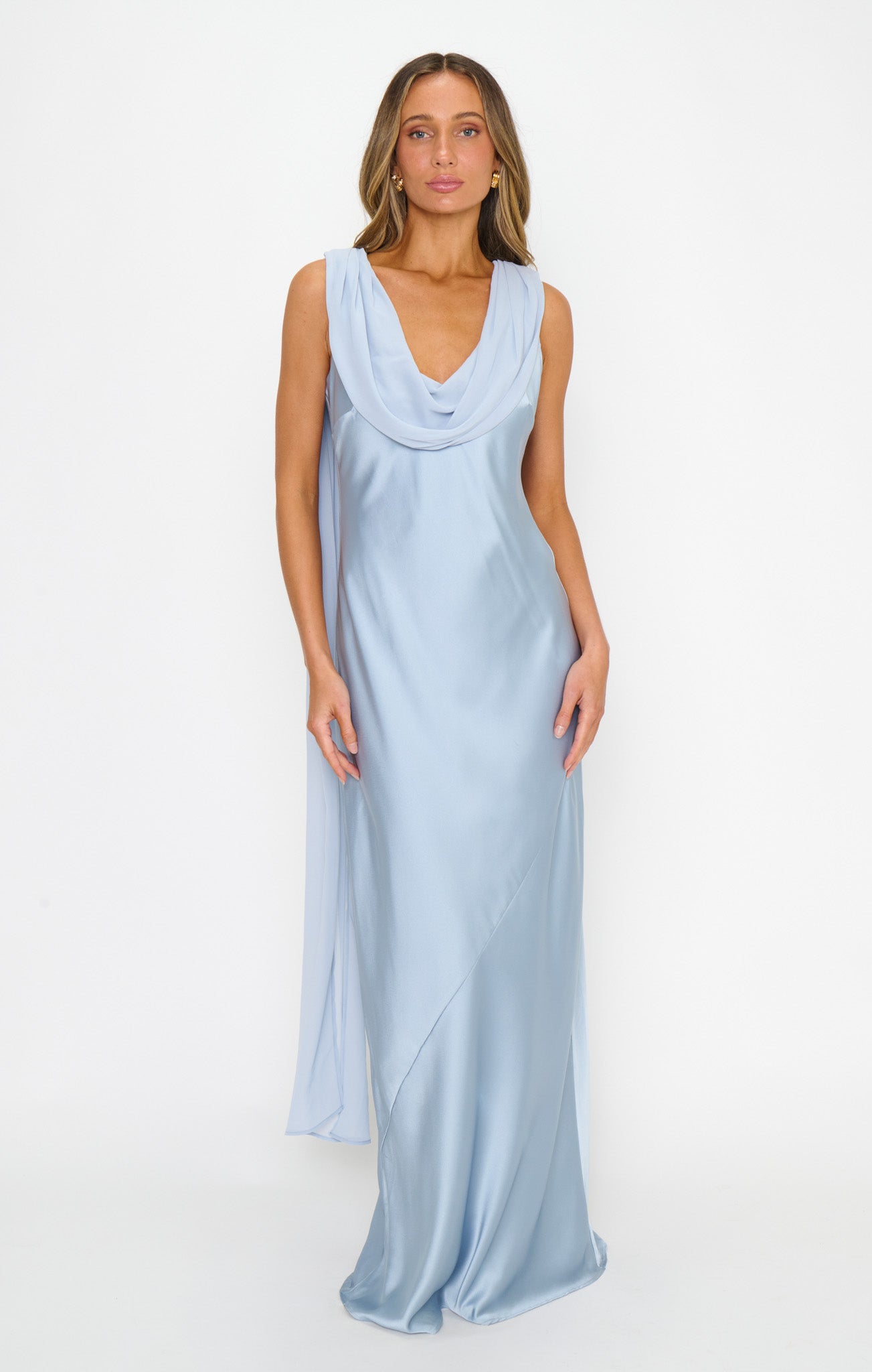 Maya Luxe Satin Maxi Dress in Steel Blue