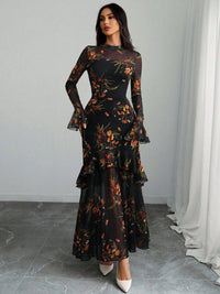 Sale] Black 1930s Floral Mesh Ruffle Maxi Dress
