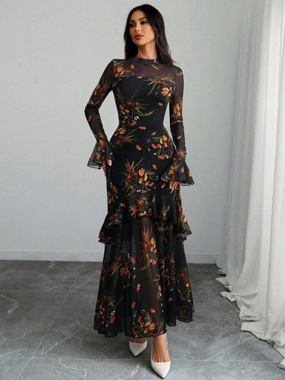 Sale] Black 1930s Floral Mesh Ruffle Maxi Dress Margot Mesh Ruffle Maxi Dress