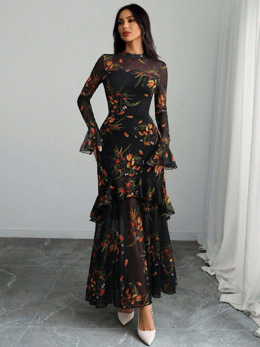 Sale] Black 1930s Floral Mesh Ruffle Maxi Dress Margot Mesh Ruffle Maxi Dress