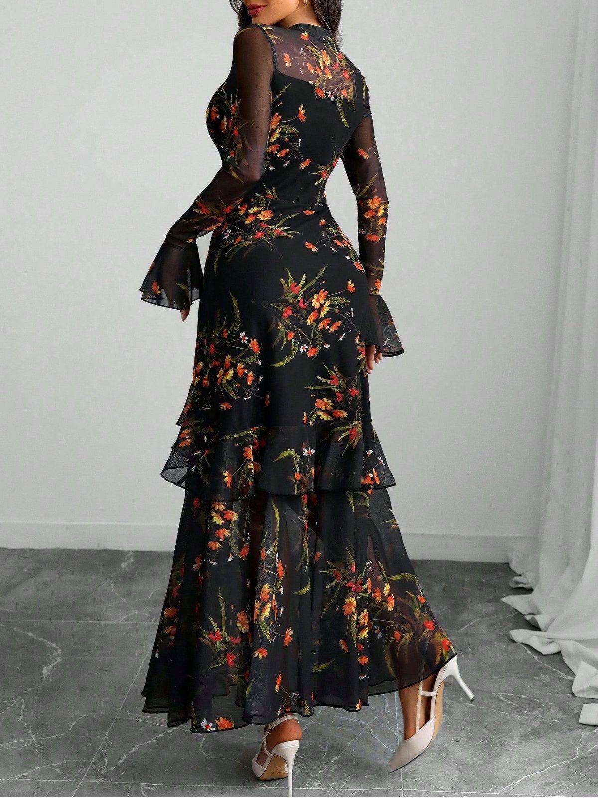 Sale] Black 1930s Floral Mesh Ruffle Maxi Dress Margot Mesh Ruffle Maxi Dress
