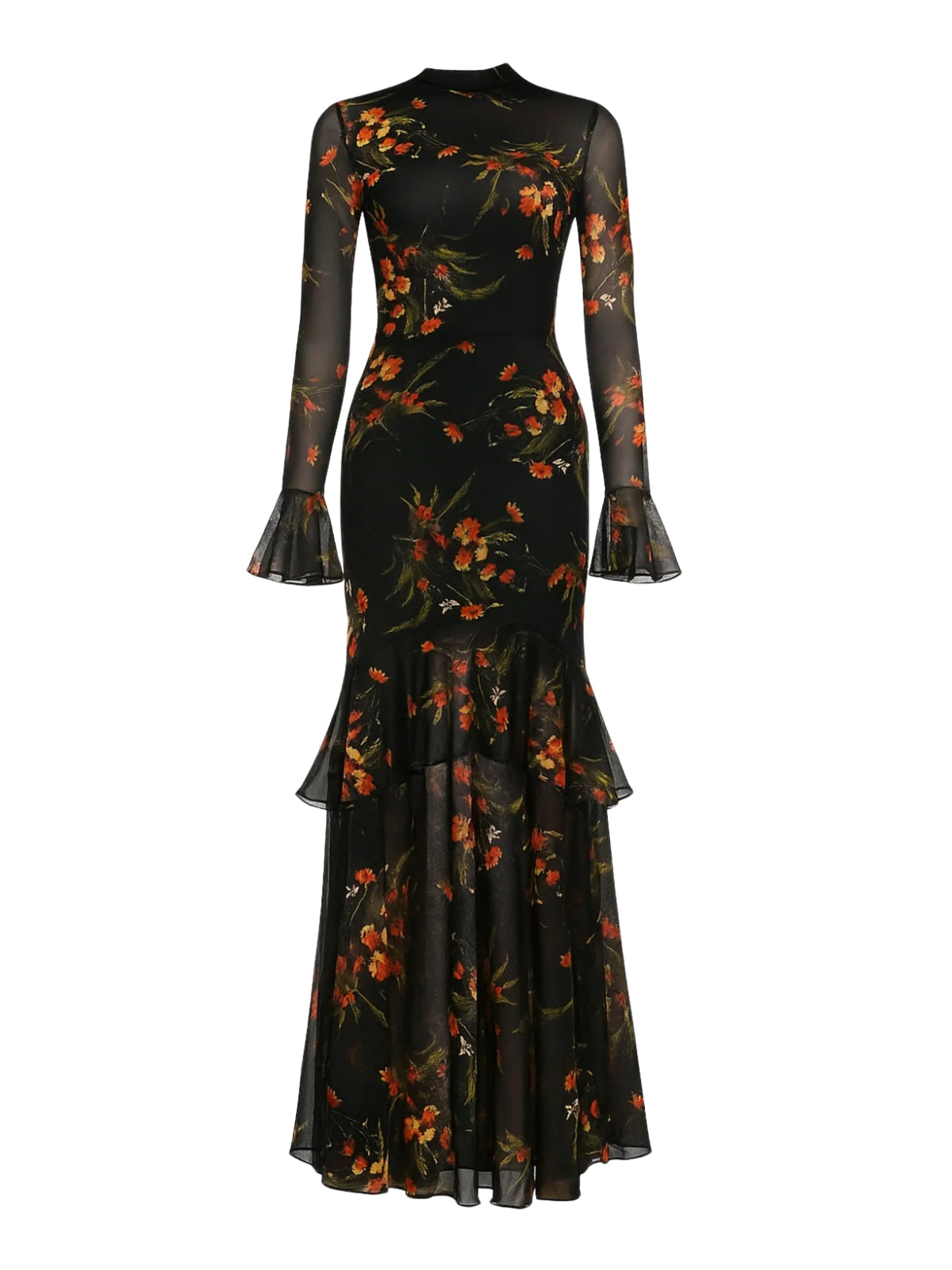 Sale] Black 1930s Floral Mesh Ruffle Maxi Dress Margot Mesh Ruffle Maxi Dress