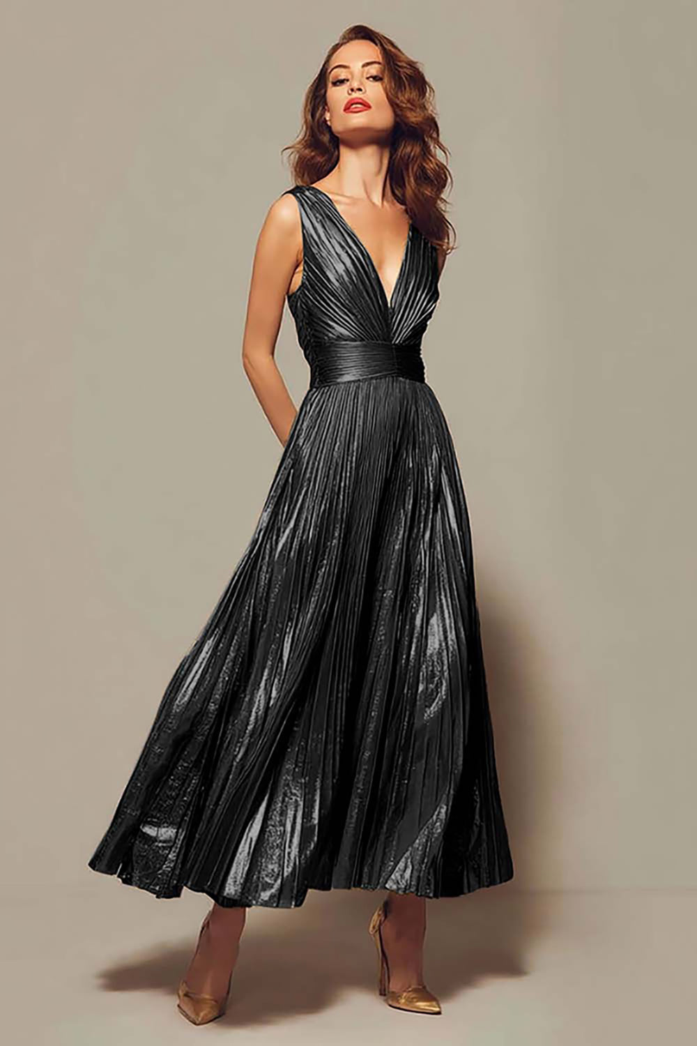 Green Aurelia Metallic Pleated Formal Gown