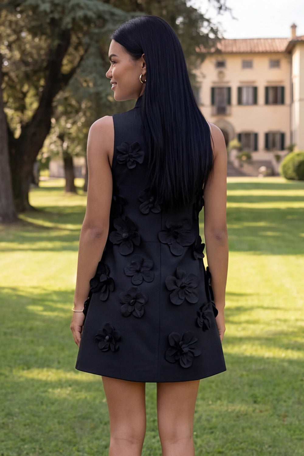 Blue Venetia Floral High-Neck A-Line Dress