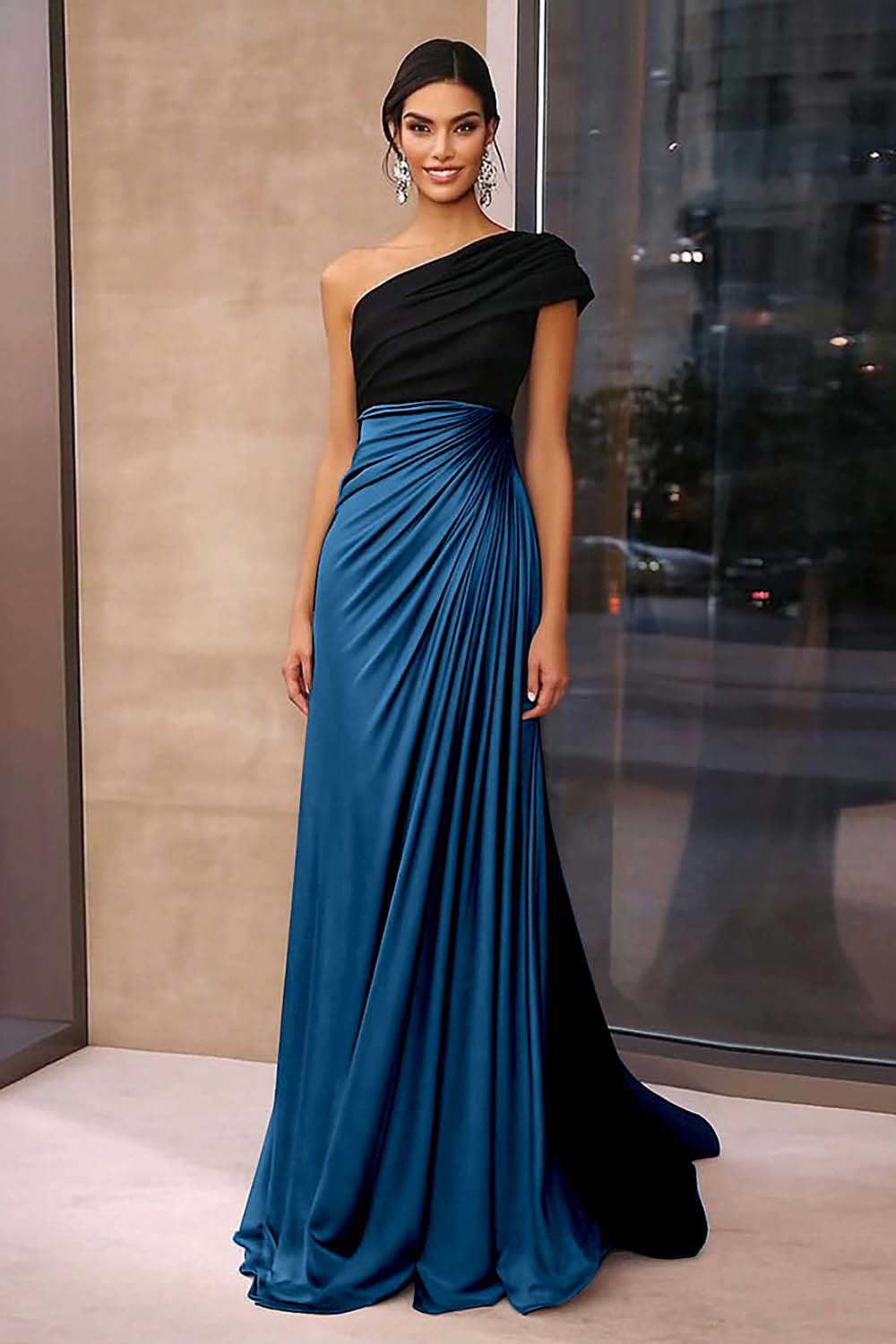 Black Brown Arabella Crepe One-Shoulder Gala Dress