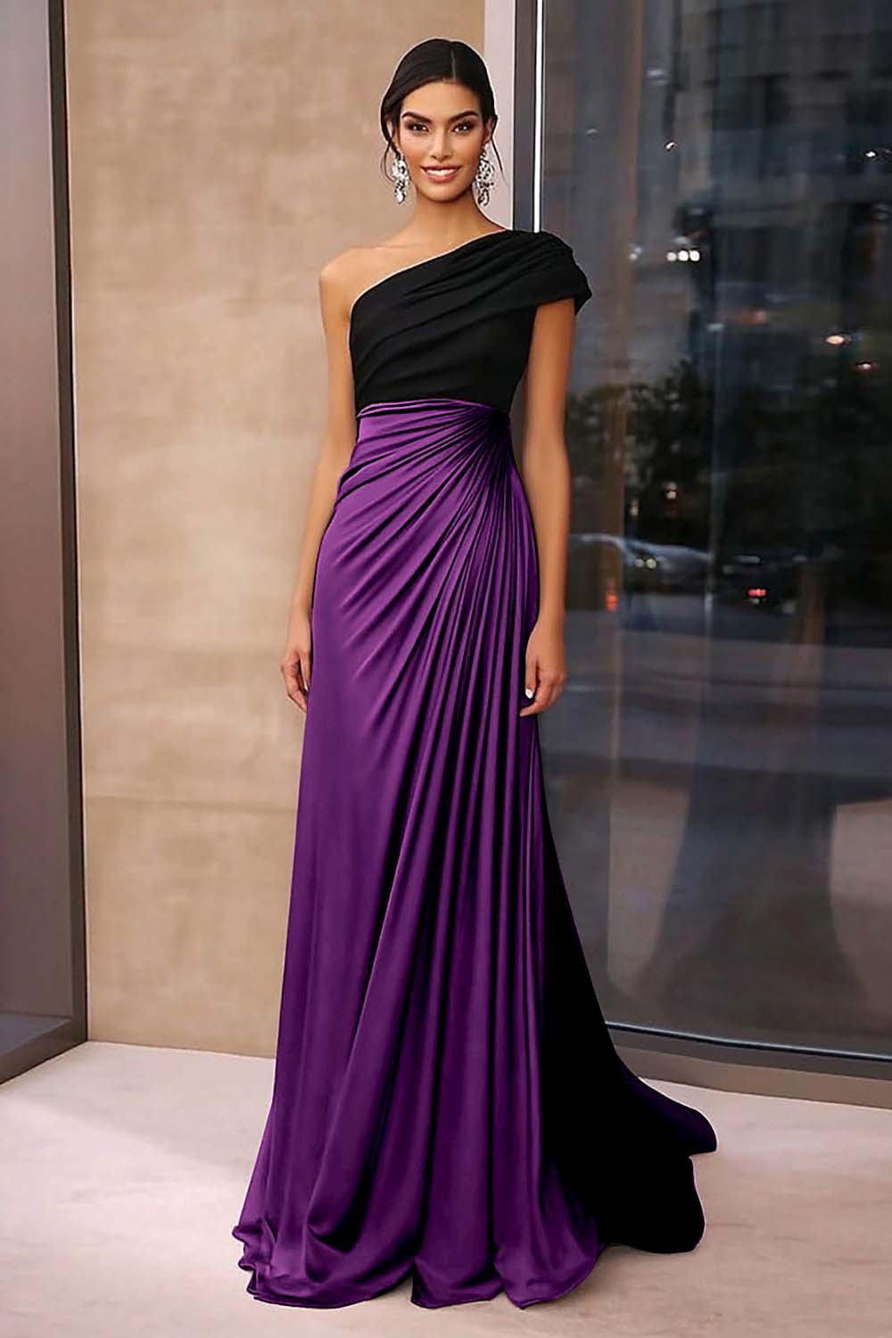Black&Royal Blue Arabella Crepe One-Shoulder Gala Dress