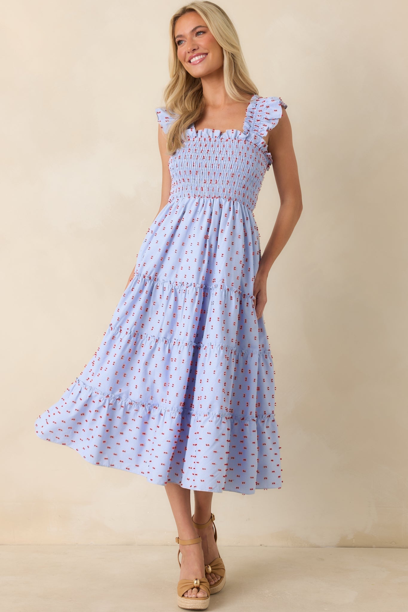 Blue Prosperina Gingham Embroidered Midi Dress