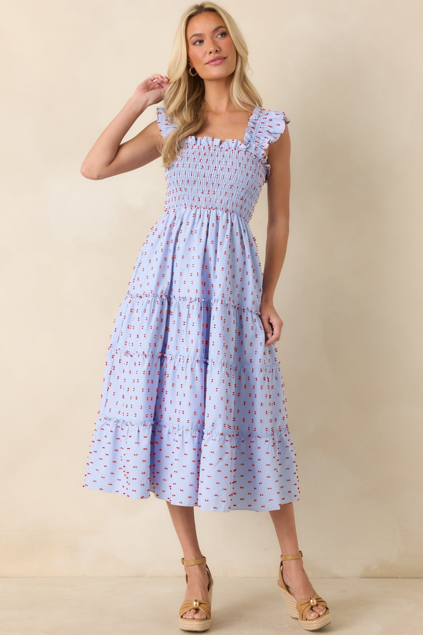 Blue Prosperina Gingham Embroidered Midi Dress