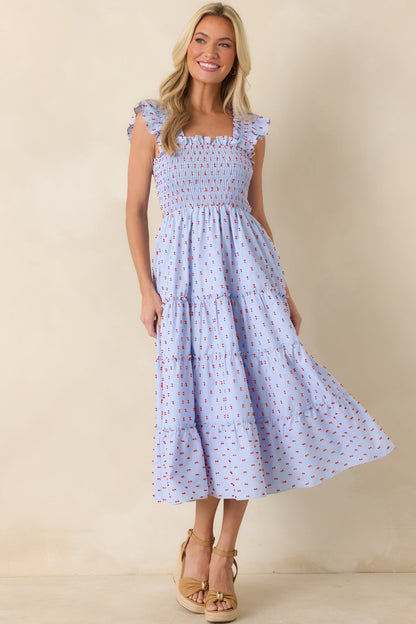 Blue Prosperina Gingham Embroidered Midi Dress