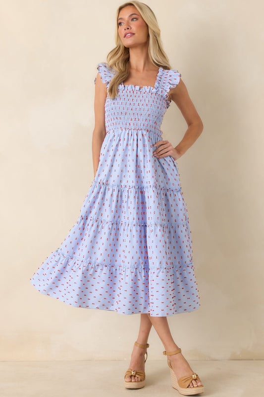 Blue Prosperina Gingham Embroidered Midi Dress