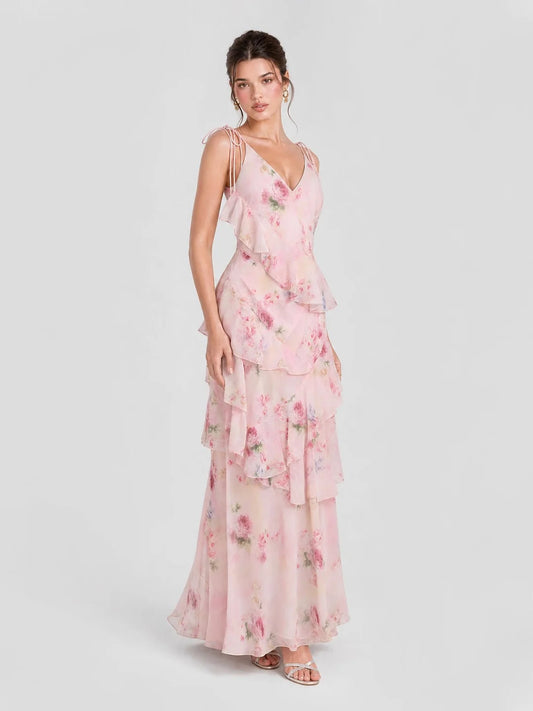 Soft Pink Isabelle Watercolor Floral Tiered Maxi Dress