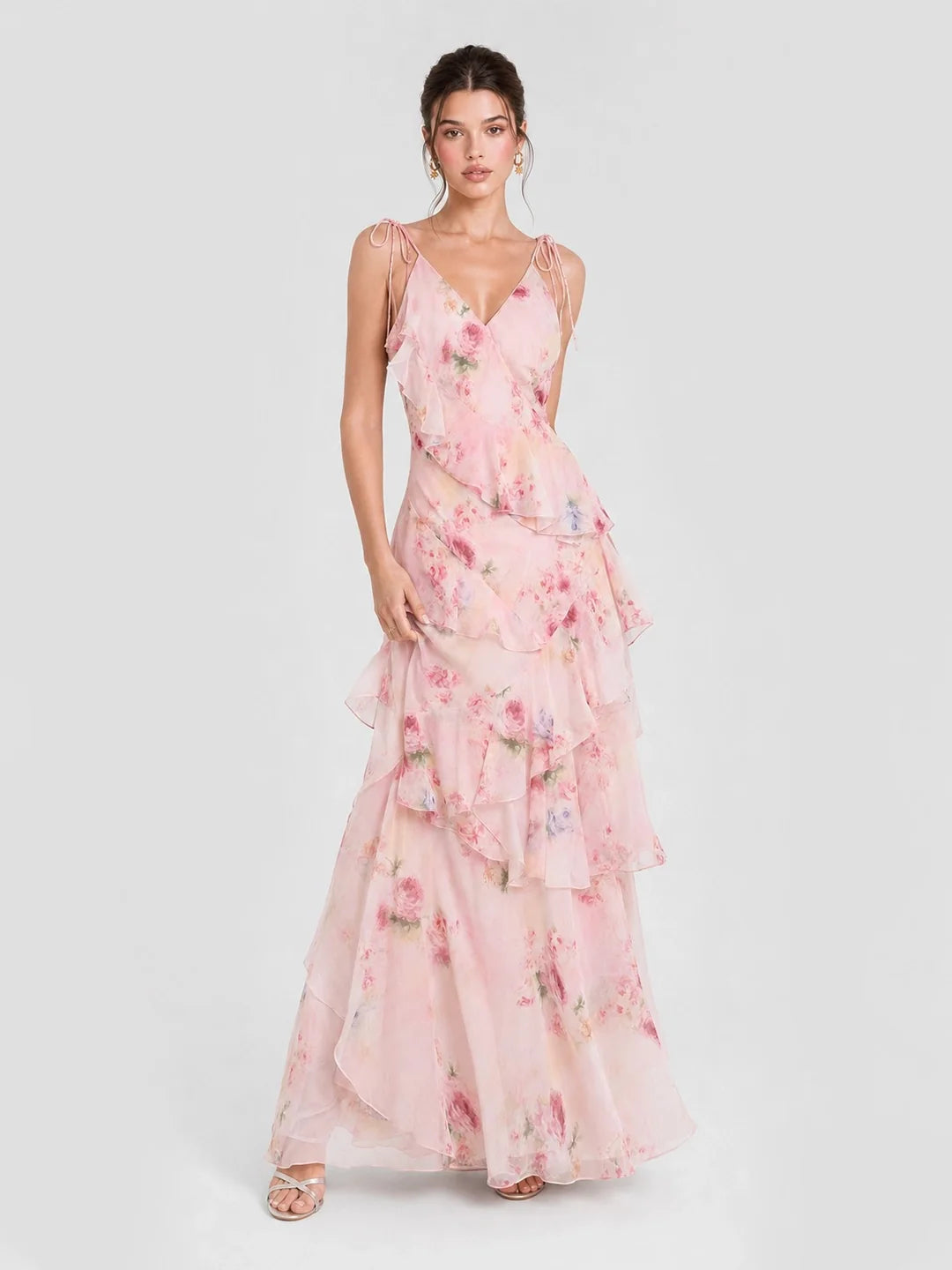Soft Pink Isabelle Watercolor Floral Tiered Maxi Dress