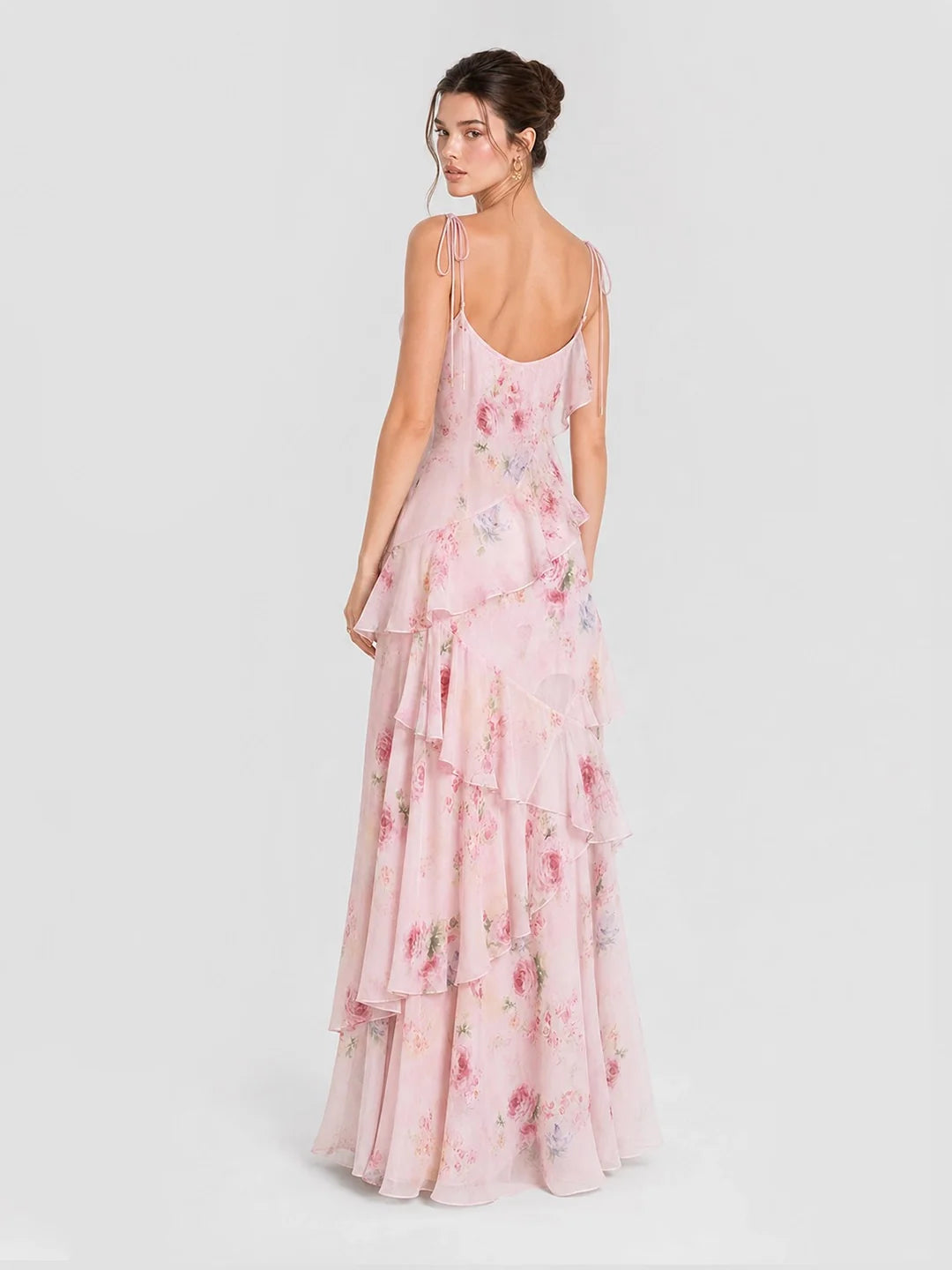 Soft Pink Isabelle Watercolor Floral Tiered Maxi Dress