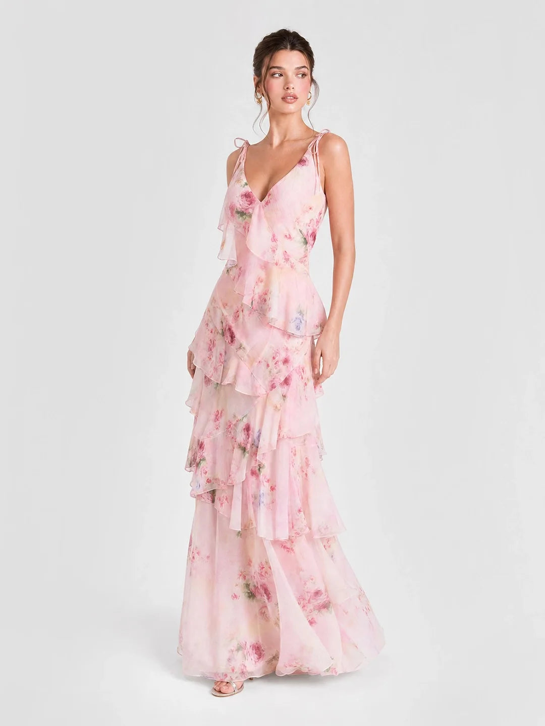 Soft Pink Isabelle Watercolor Floral Tiered Maxi Dress
