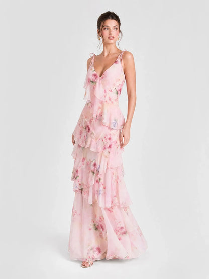 Soft Pink Isabelle Watercolor Floral Tiered Maxi Dress