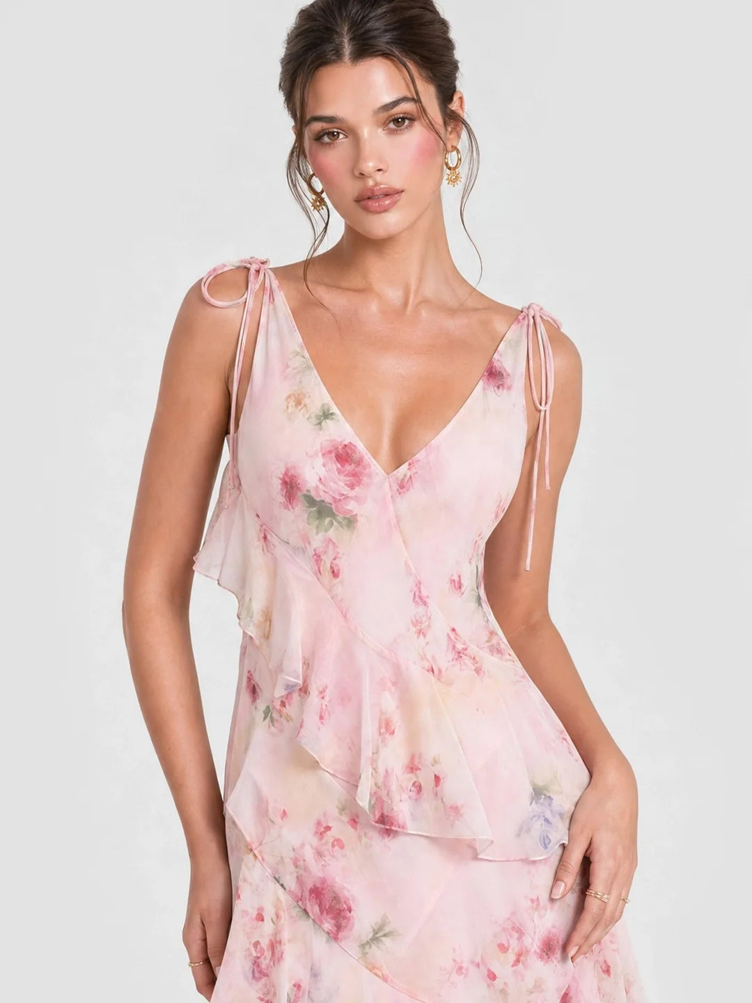 Soft Pink Isabelle Watercolor Floral Tiered Maxi Dress