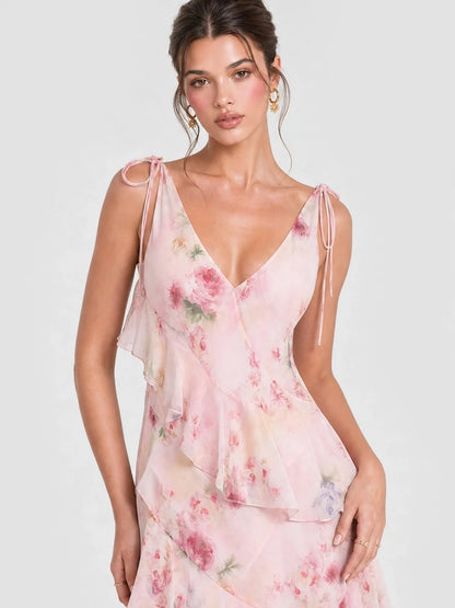 Soft Pink Isabelle Watercolor Floral Tiered Maxi Dress