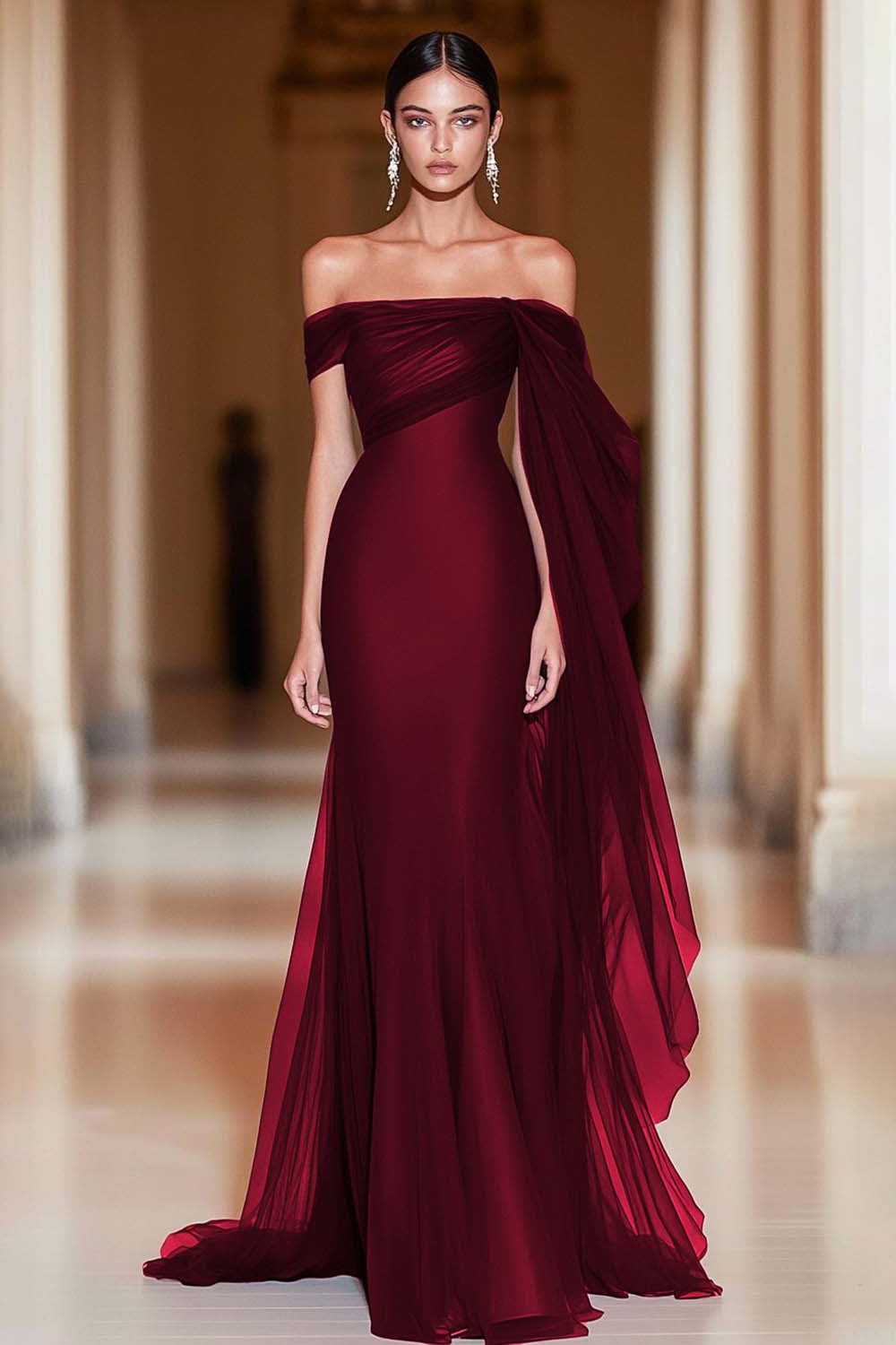 Red Vivienne Off-Shoulder Mermaid Tulle Gown